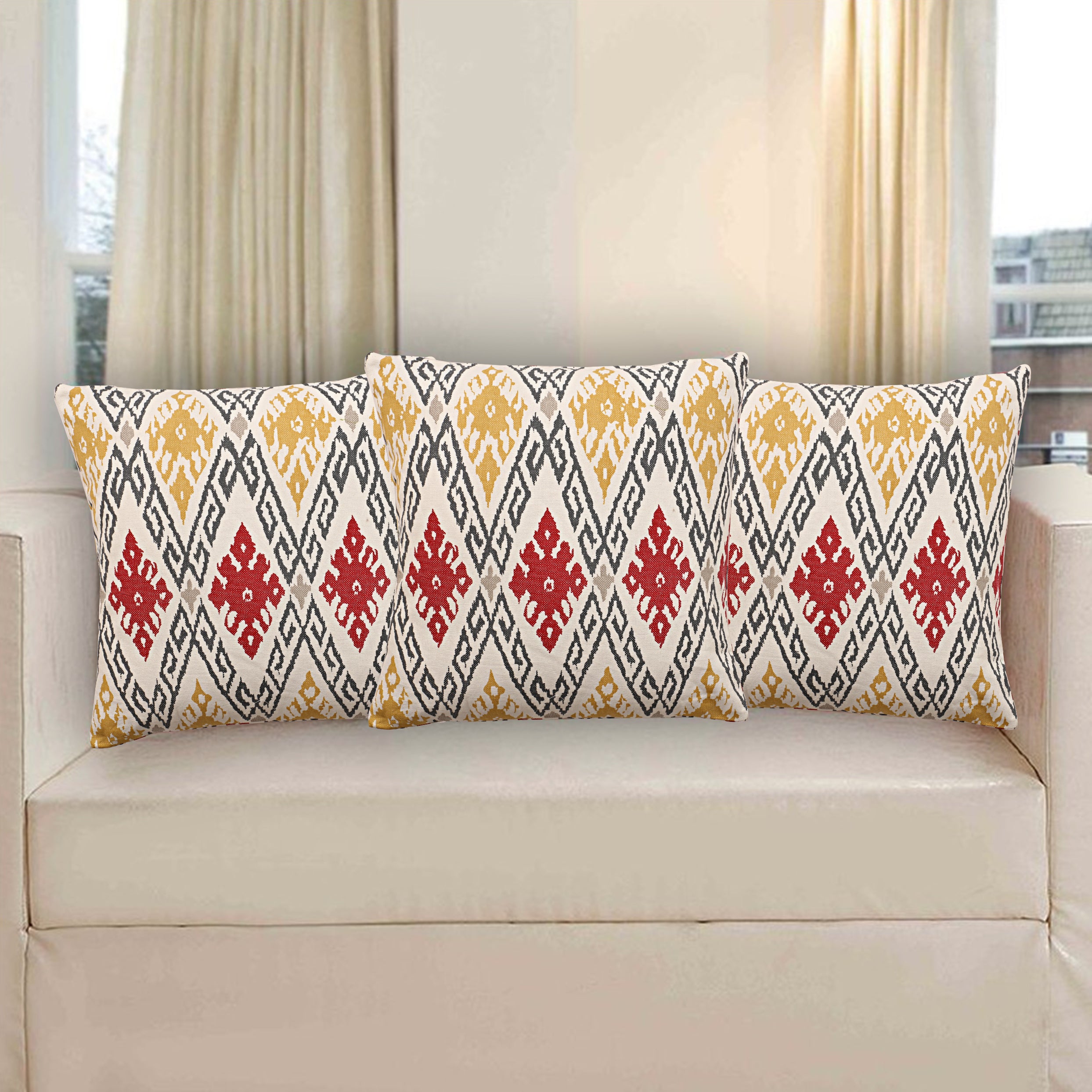 Set of 3 Cushion Covers in Red and White Aztec Print-16 Inches X 16 Inches