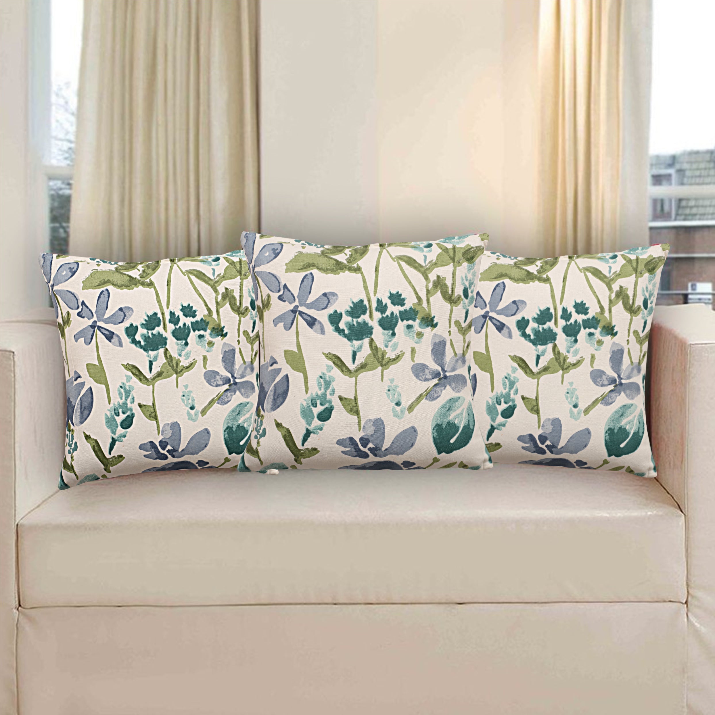 Set of 3 Cushion Covers in Teal and Green Floral Design -16 Inches X 16 Inches