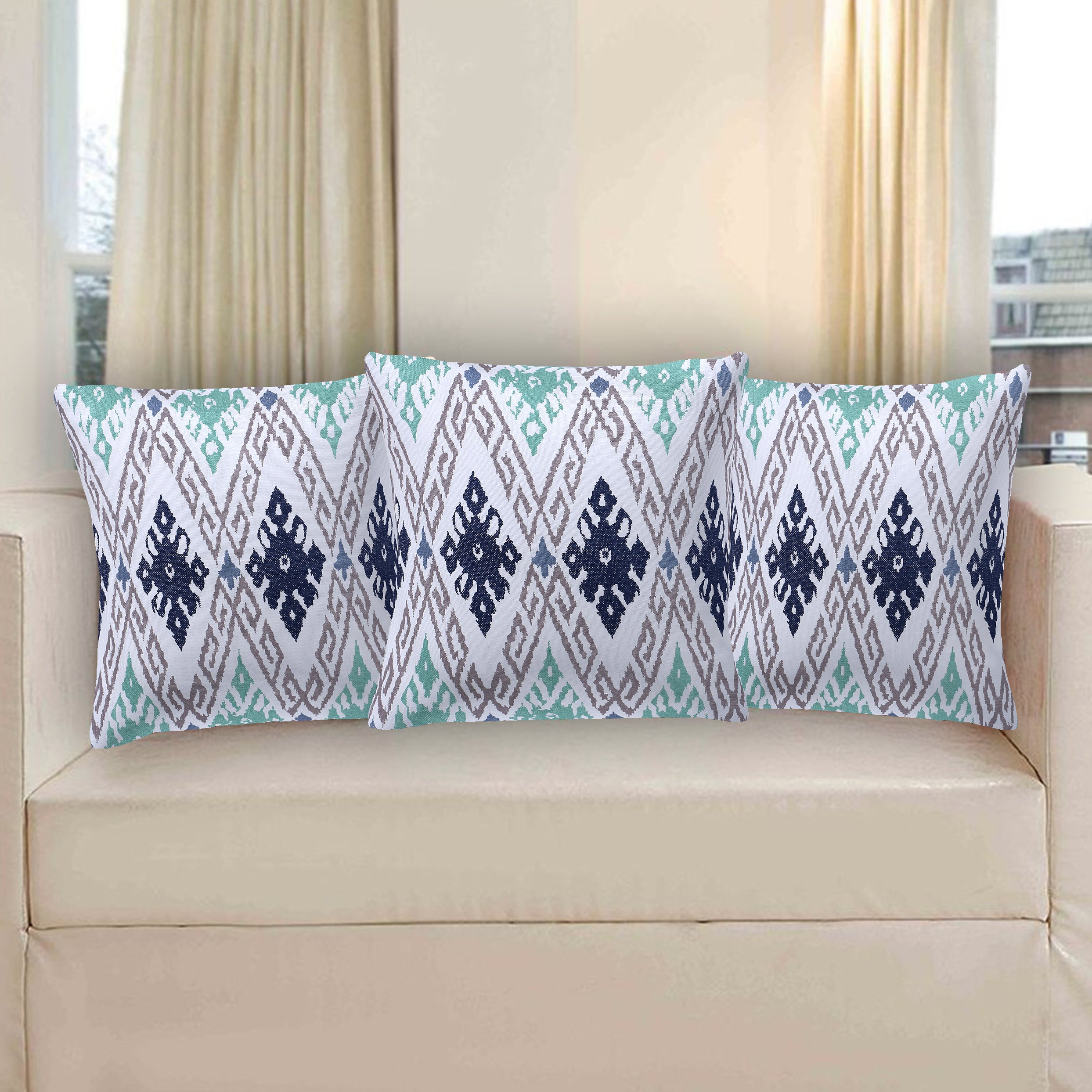 Set of 3 Cushion Covers in Grey and Teal Aztec Design -16 Inches X 16 Inches