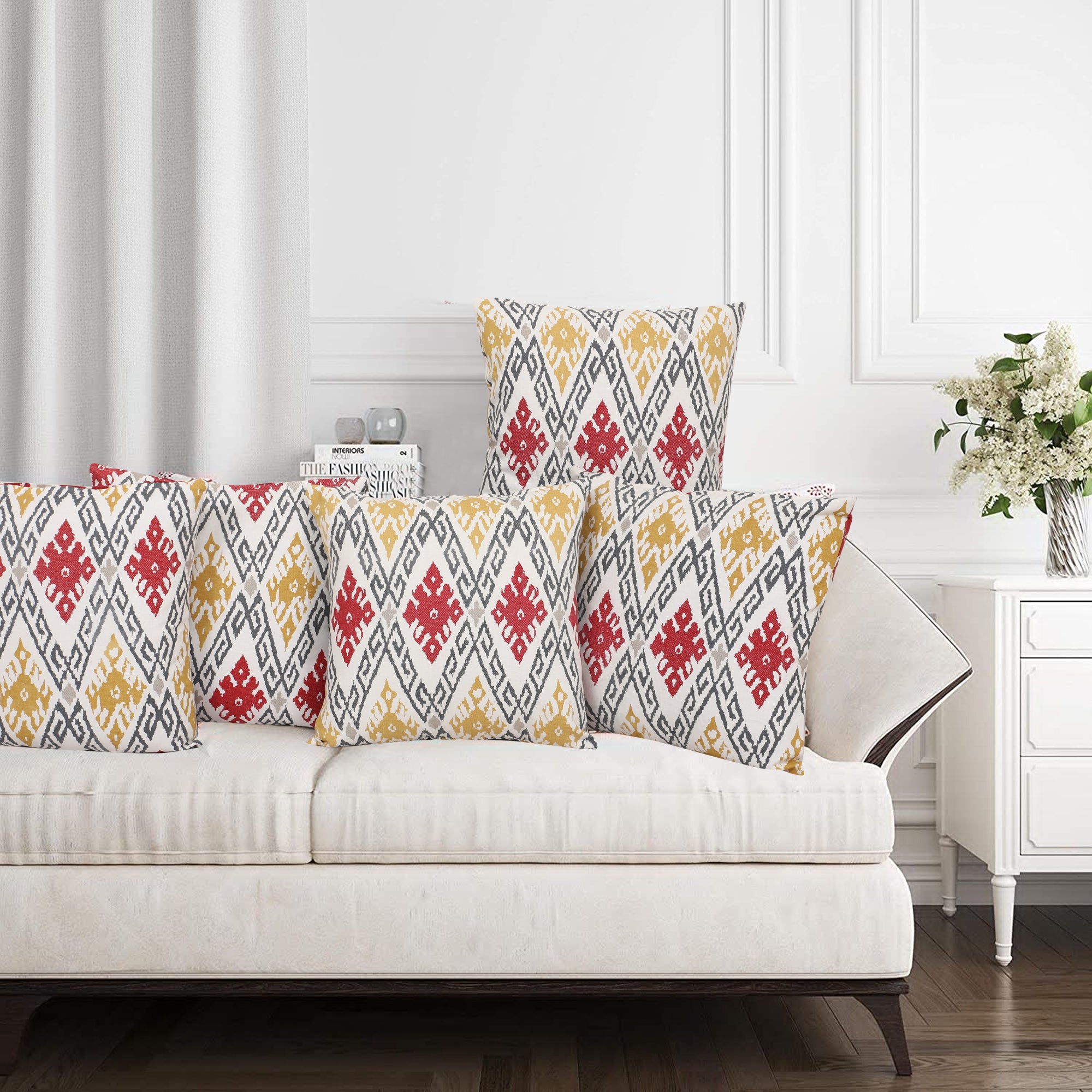 Set of 5 Cushion Covers in Red and White Aztec Print -16 Inches X 16 Inches