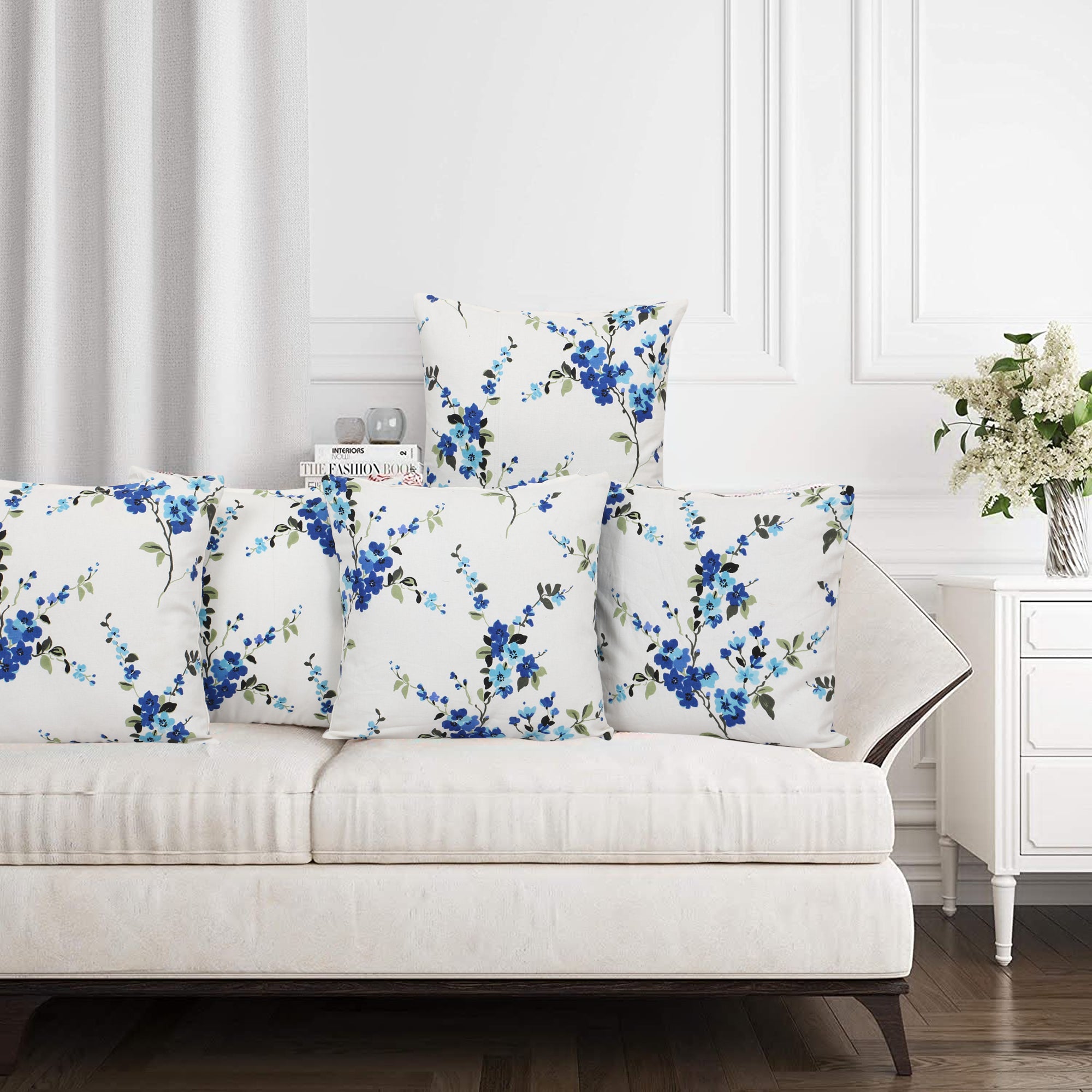 Set of 5 Cushion Covers in Blue and White Floral Print -16 Inches X 16 Inches