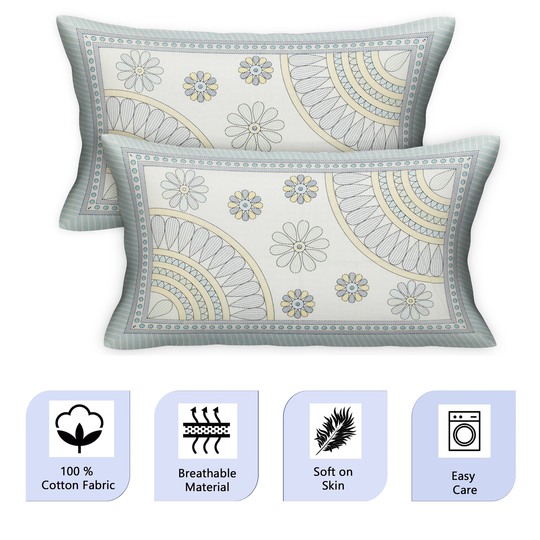 Urbano Homz 100% Cotton Two Pillow Covers in Rajasthani Print, Pastel Blue design on White base