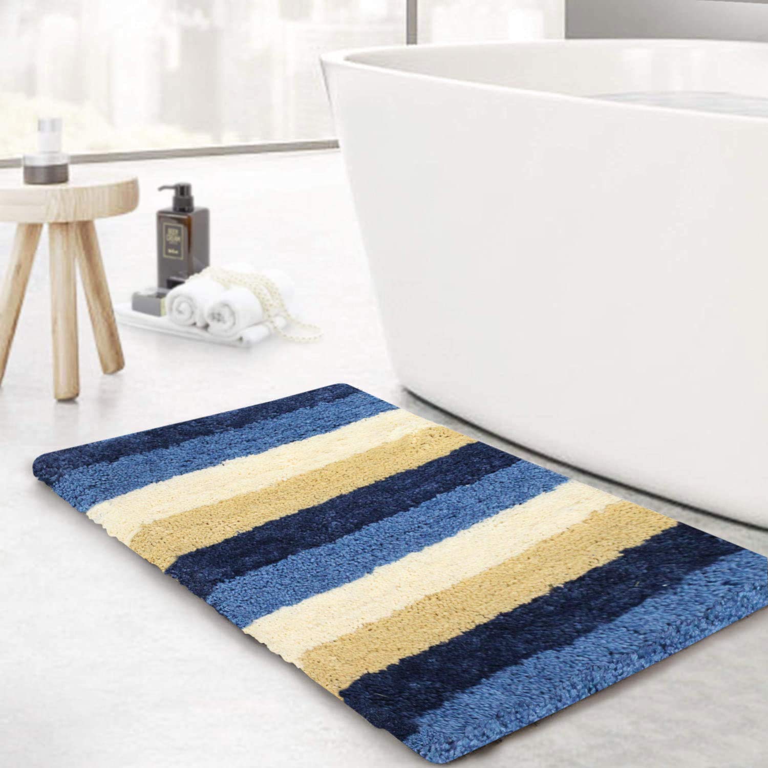 Medium Size Microfiber Bath Mat with Anti Slip Backing - 40 cms X 60 cms, Blue and Beige