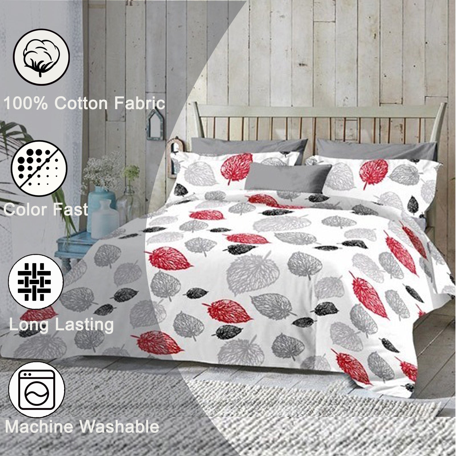 Urbano Homz 100% Cotton bedsheet for double bed with two pillow covers, Ideal size for double bed, Size 8.5 feet X 7.5 feet, Red, Black and grey leaves print on white background