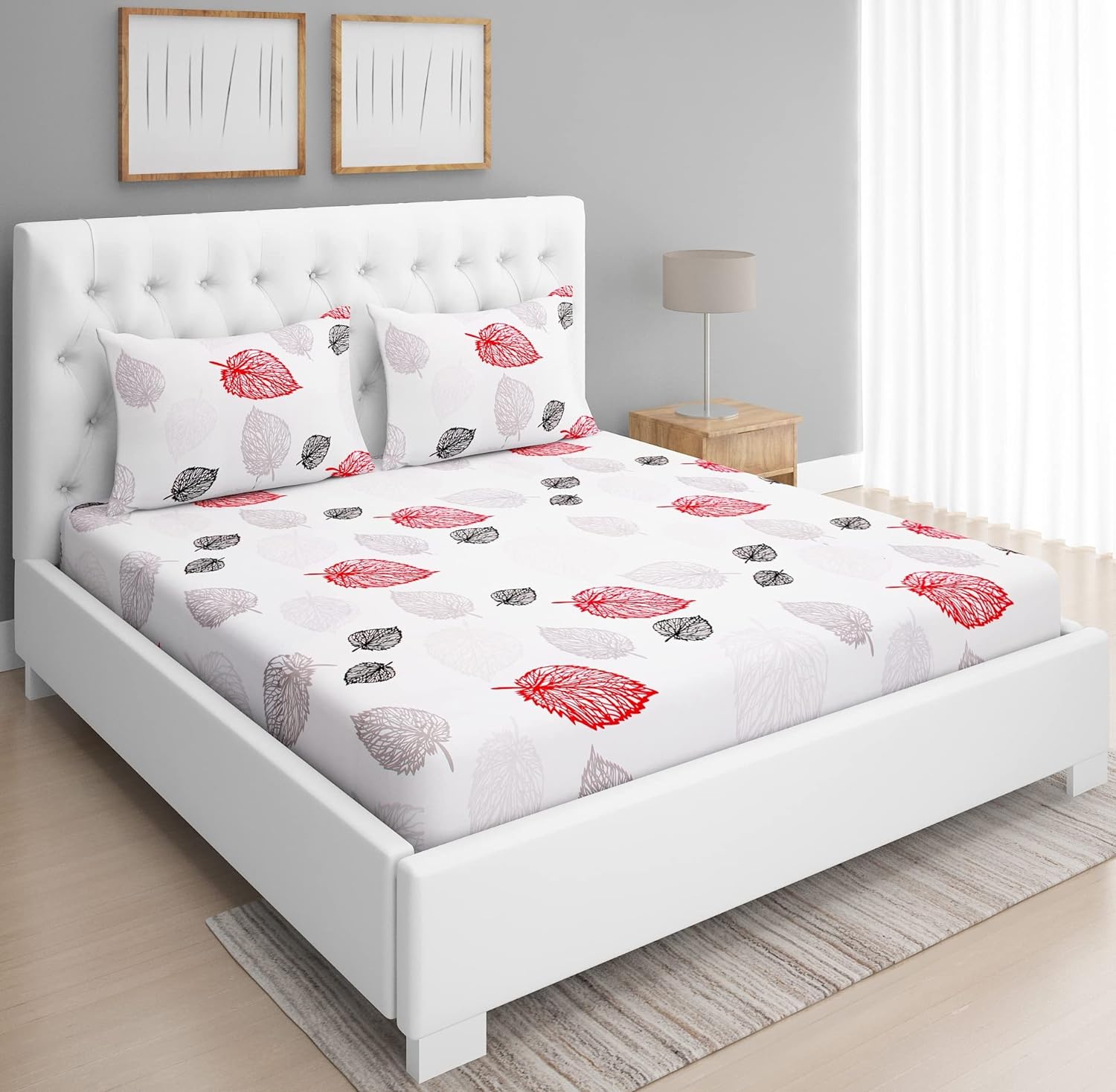 Urbano Homz 100% Cotton bedsheet for double bed with two pillow covers, Ideal size for double bed, Size 8.5 feet X 7.5 feet, Red, Black and grey leaves print on white background